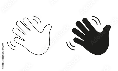 Gesture of Hello or Goodbye Symbol. Waving Hand Emoji Icon. Friendly Greeting Line and Silhouette Sign. Editable Stroke. Isolated Vector Illustration