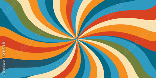 Groovy retro background featuring colorful swirling stripes converging towards center, creating a vibrant and dynamic spiral pattern