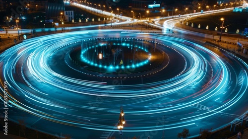 A dazzling display of car light trails at a roundabout illuminating the urban landscape.