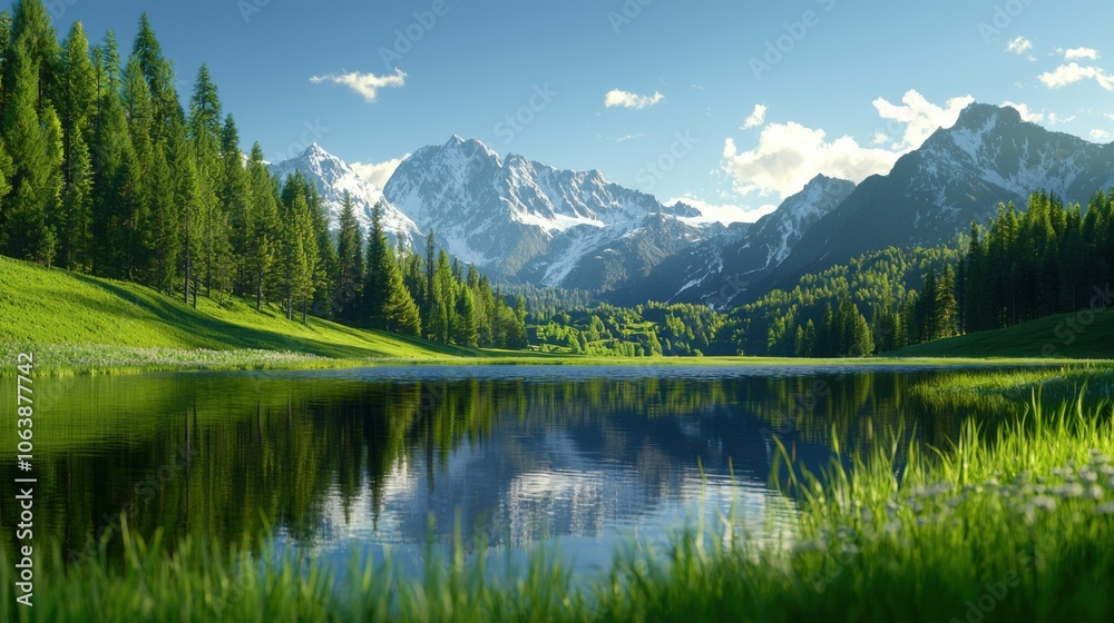 Vibrant mountain landscape with serene lake and lush greenery. Vibrant mountain landscape with serene lake and lush greenery.