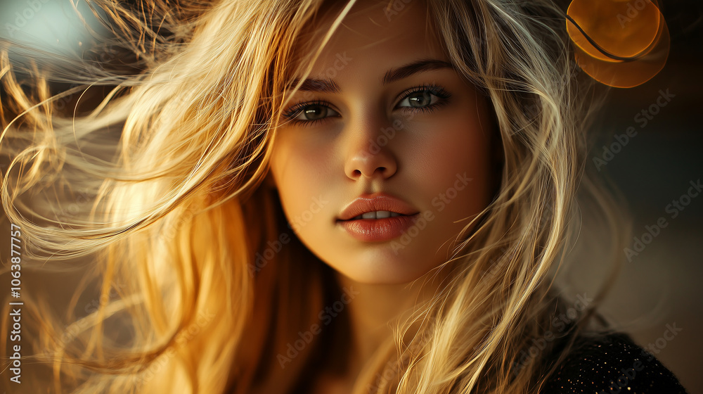 Naklejka premium Kobieta z długimi blond włosami wygląda zachwycająco. Jej fryzura, pełna objętości i nieładnie ułożona, dodaje jej charakteru i autentyczności.