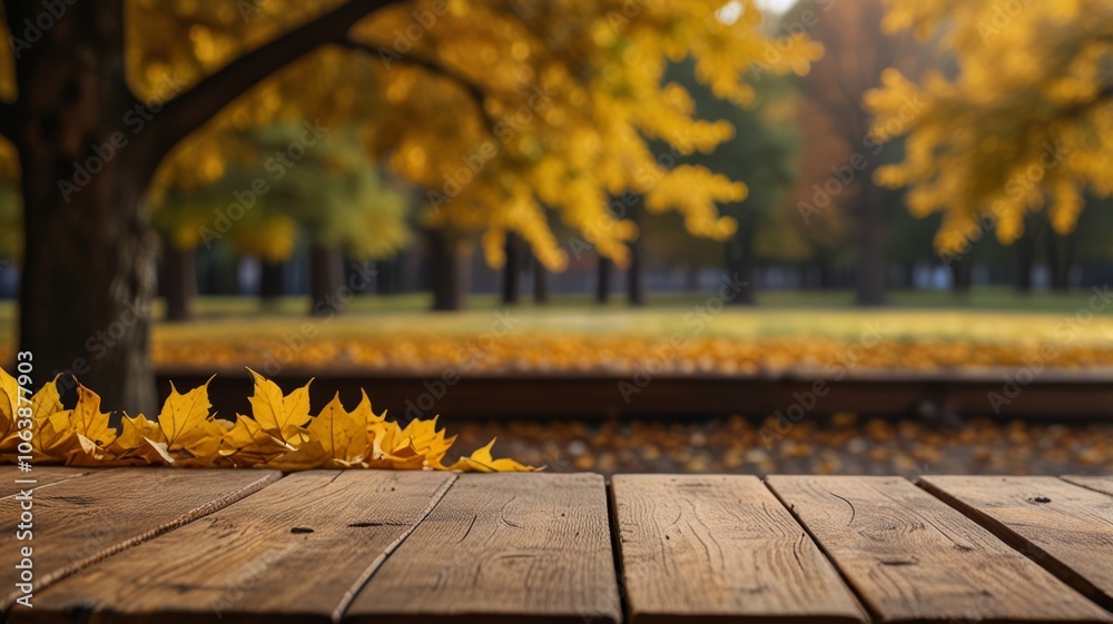 Beautiful colorful natural autumn background for presentation. Fallen dry orange leaves on wooden boards against the backdrop of a blurry autumn park.