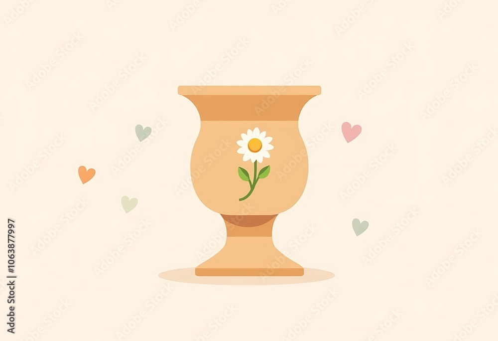 Fototapeta premium Elegant vase with a floral decoration and hearts in a minimalistic style.