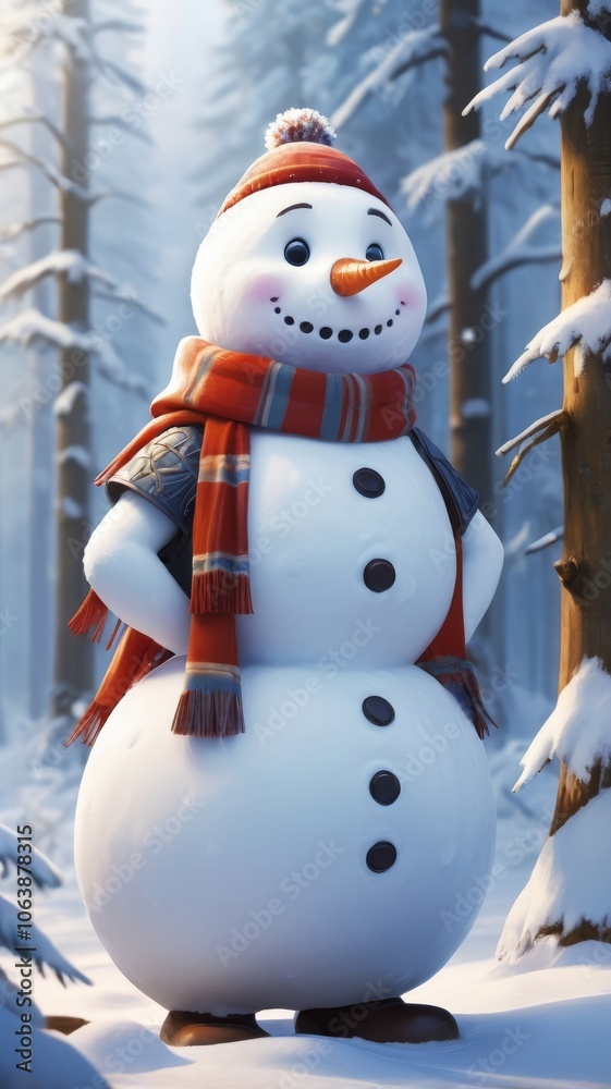 Merry christmas and happy new year greeting card with copy-space.Happy snowman standing in winter christmas landscape.Snow background
