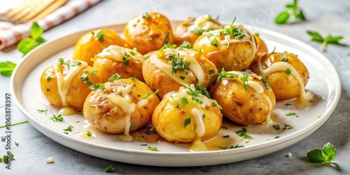 Minimalist Photography of Smashed New Baby Potatoes with Garlic and Cheese - Healthy Vegetarian Food, Delicious, Plant-Based, Comfort Dish, Simple Ingredients, Gourmet Presentation, Culinary Art