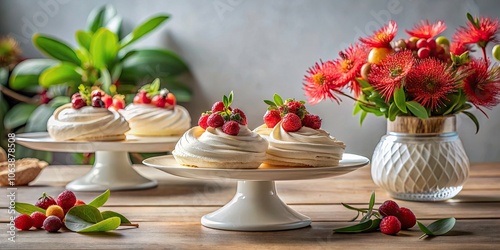 Minimalist Table Decoration with Pavlova and Pohutukawa for Elegant Events and Celebrations