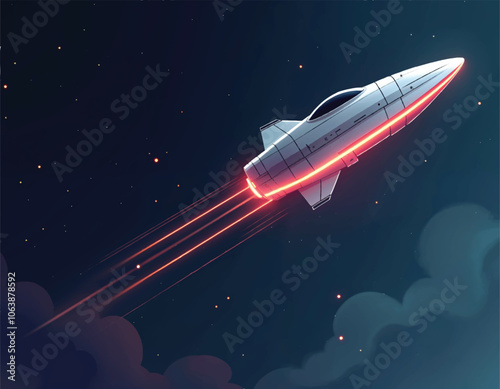vector of a spaceship with a glowing red light trails on its body through the back side  and stars