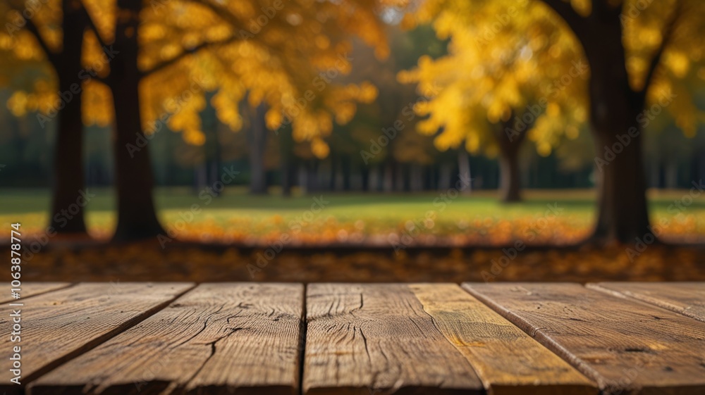 Beautiful colorful natural autumn background for presentation. Fallen dry orange leaves on wooden boards against the backdrop of a blurry autumn park.