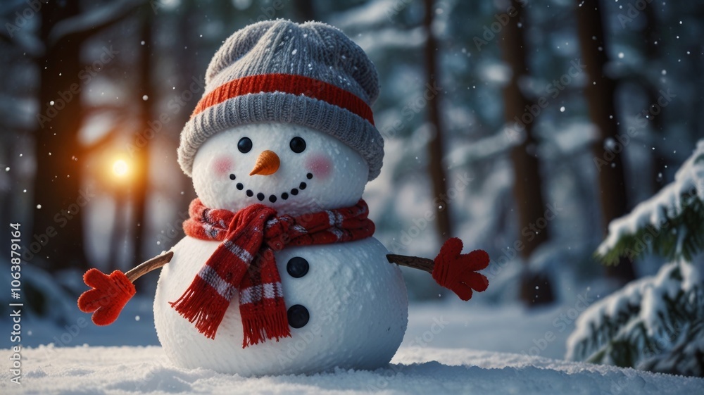 Happy cartoon snowman standing in a winter Christmas landscape. Merry Christmas and Happy New Year card with copy space. Snow background