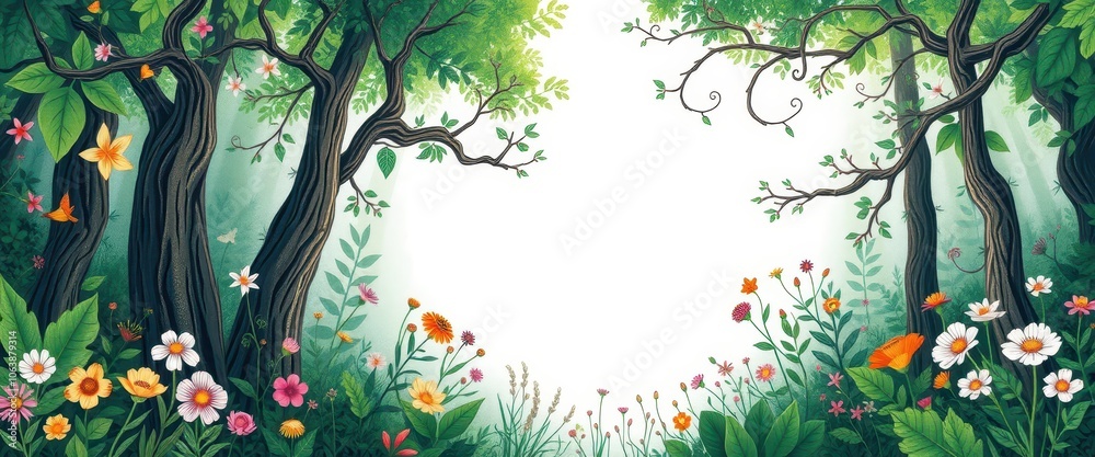 Lush Green Forest with Blooming Flowers and Sunlight Lush Green Forest with Blooming Flowers and Sunlight