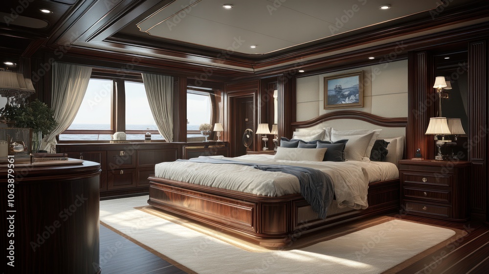 Luxurious yacht bedroom featuring elegant wood finishes and ocean views. Luxurious yacht bedroom featuring elegant wood finishes and ocean views.