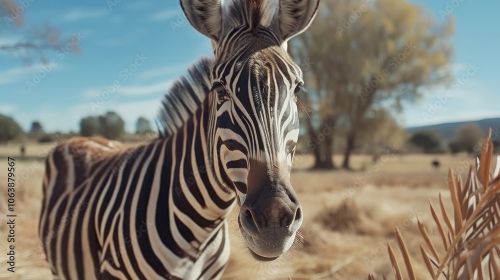 Naklejka premium A curious zebra with vivid stripes stares at the camera amid dry savannah grass, basking in warm sunlight under a clear blue sky.