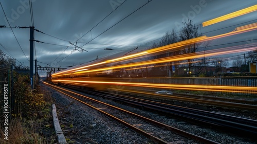 Golden yellow light trails tracing the path of a passing train creating a stunning contrast against the darkening sky.