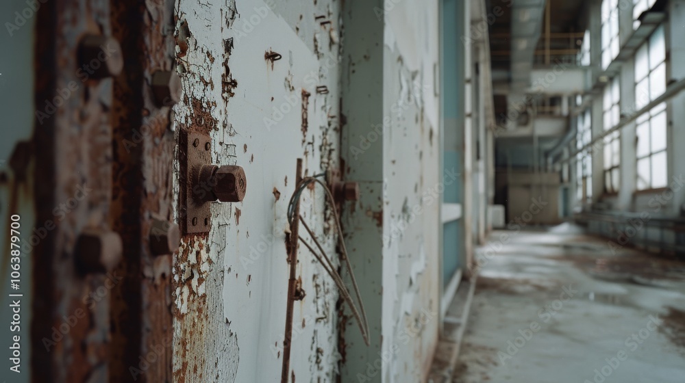 An abandoned factory corridor with peeling paint and rusted bolts evokes forgotten industry and the passage of time. An abandoned factory corridor with peeling paint and rusted bolts evokes forgotten industry and the passage of time.