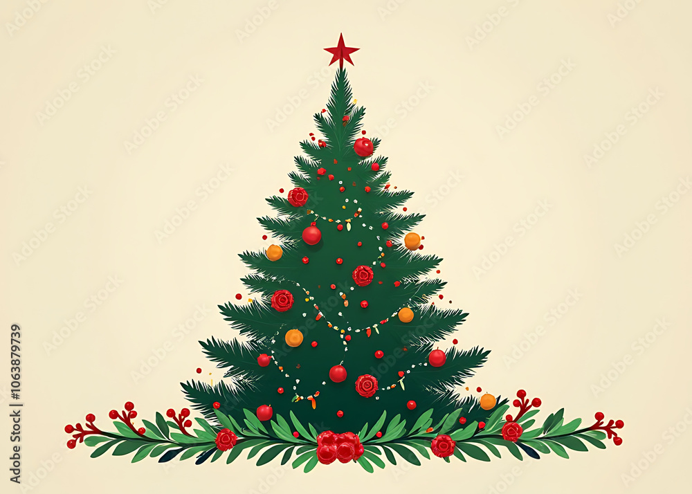 A Christmas tree decorated with a vector design featuring a festive border of greenery and red holly berries is used A Christmas tree decorated with a vector design featuring a festive border of greenery and red holly berries is used