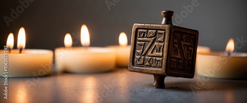 Dreidel and Candles: A wooden dreidel spins gently in the warm glow of flickering Hanukkah candles, a symbol of hope, tradition, and the spirit of the festival. photo