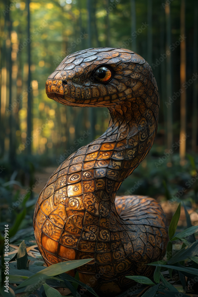Naklejka premium A majestic Wooden Snake with intricate patterns engraved into its scales, slithering through a lush forest of bamboo, symbolizing harmony, growth, and elegance,