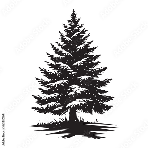 Pine tree covered in snow silhouette vector black color and solid white background 