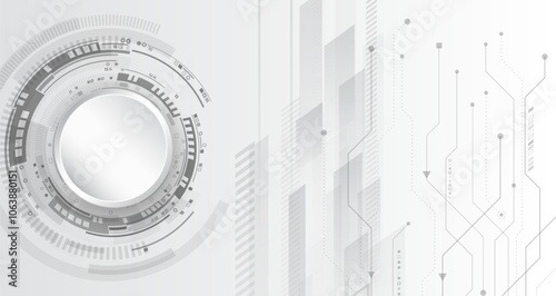 Digital communication, data protection, high tech presentation, science cover. Abstract gray futuristic background consisting of printed circuit board circles and other technological elements.