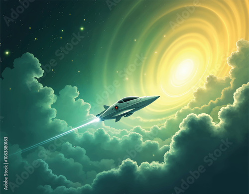 vector a spaceship flying in the cloudy sky with swirling lines of a bright nebula and stars on it