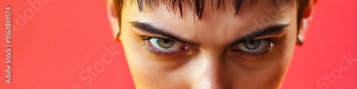 Intense gaze of woman with striking eyes against red photo