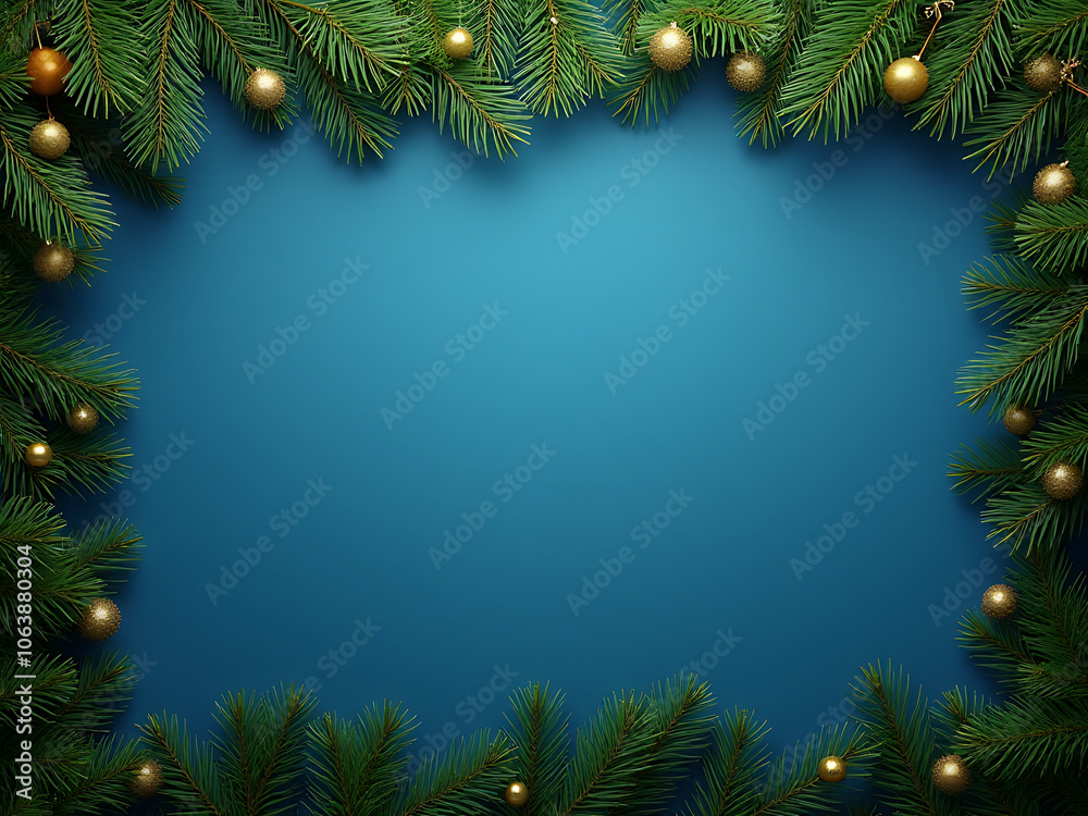 A Christmas frame features a top border made of fir tree branches and gold accents on a blue background with copy space for Xmas banner A Christmas frame features a top border made of fir tree branches and gold accents on a blue background with copy space for Xmas banner