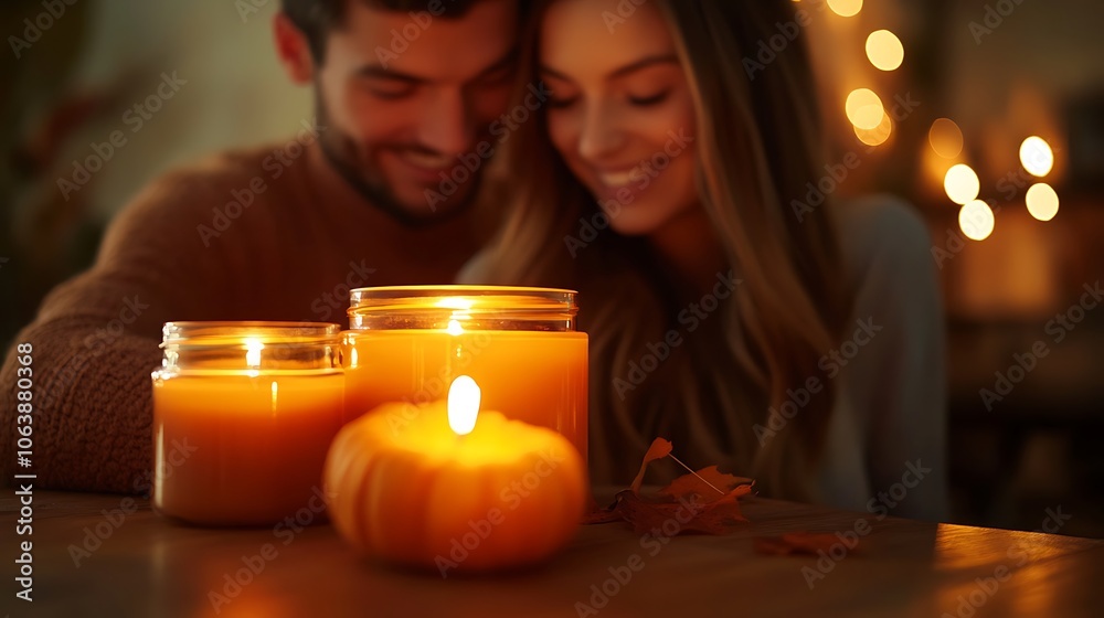 Three burning candles on a wooden table, with a couple sitting behind them in soft focus. The warm glow of the candles illuminates the table. Three burning candles on a wooden table, with a couple sitting behind them in soft focus. The warm glow of the candles illuminates the table.