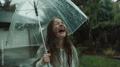 Gleeful energy bursts from a laughing child under an umbrella amid pouring rain, embodying spirited joy and spontaneous fun.