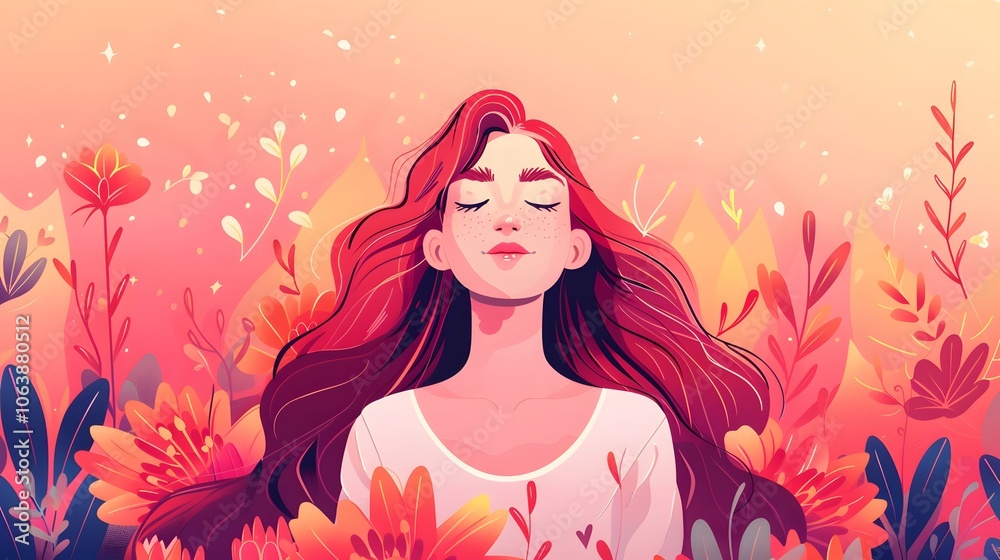 Enchanting Redheaded Woman Amid Vibrant Floral Fantasy Landscape Enchanting Redheaded Woman Amid Vibrant Floral Fantasy Landscape