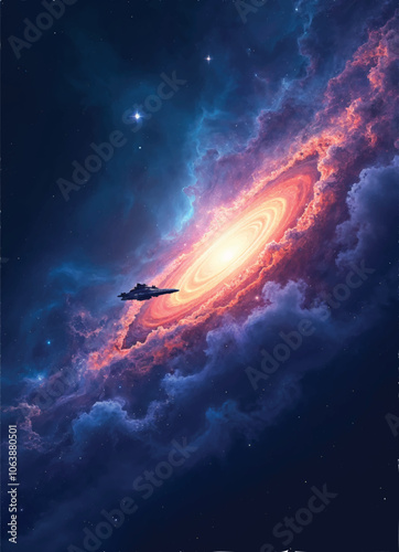 vector of a bright swirling lines of nebula  and clouds with a spaceship fliying on it and stars