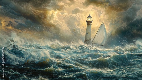 A dramatic seascape showcases a lighthouse standing steadfast amidst tumultuous waves. The ocean is in upheaval, with towering swells crashing against each other, their foamy tops reflecting the soft  photo