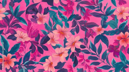 Wallpaper Mural Vibrant tropical floral pattern with bold pink and blue hues, featuring exotic flowers and leafy greenery. Torontodigital.ca