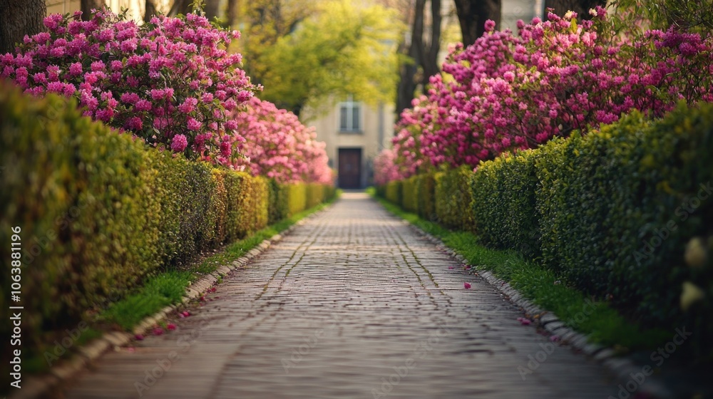 A serene pathway lined with blooming pink flowers and greenery, inviting tranquility. A serene pathway lined with blooming pink flowers and greenery, inviting tranquility.