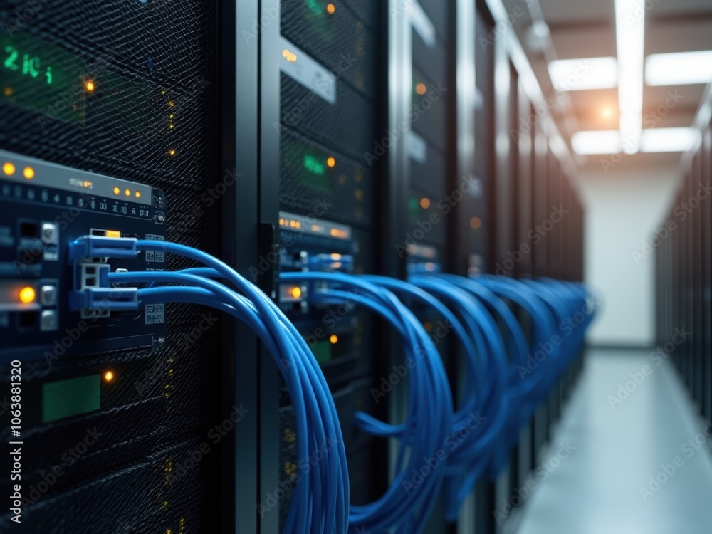 Detailed View of Network Servers With Blue Cables Connecting Systems in a Modern Data Center During Daylight Hours