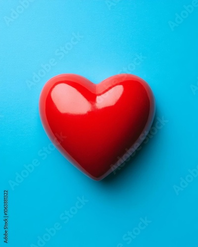 Glossy red heart shape on a blue background, symbolizing love and affection.