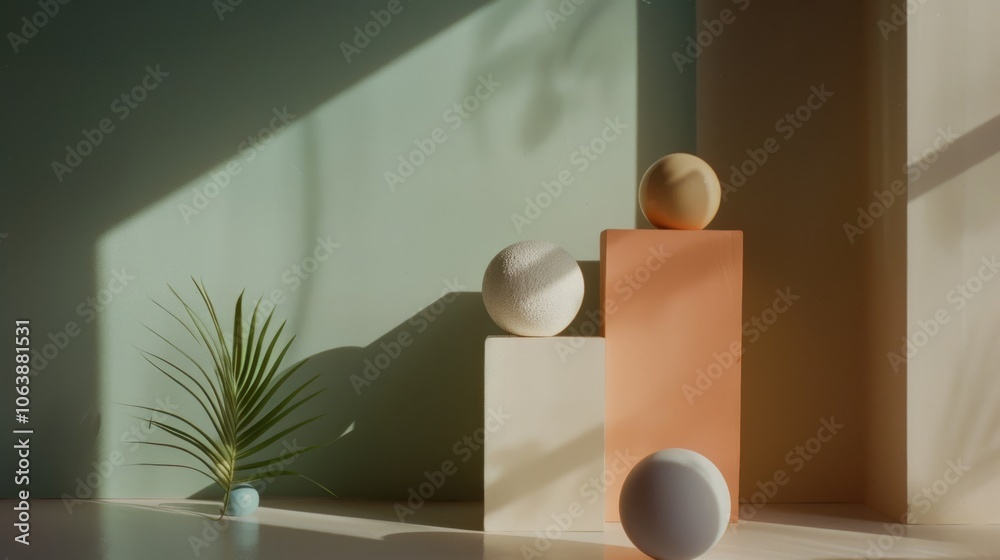 Minimalist still life with geometric shapes and soft lighting, casting serene shadows on pastel walls and providing a calm and artistic ambiance. Minimalist still life with geometric shapes and soft lighting, casting serene shadows on pastel walls and providing a calm and artistic ambiance.