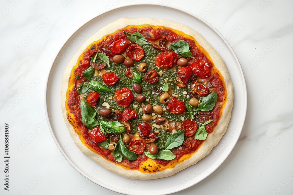 A delicious vegetarian pizza topped with sun-dried tomatoes, olives, and fresh basil A delicious vegetarian pizza topped with sun-dried tomatoes, olives, and fresh basil