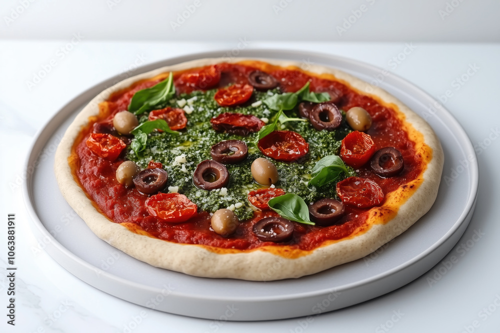 Delicious homemade pizza topped with fresh basil, olives, and sun-dried tomatoes on a white plate Delicious homemade pizza topped with fresh basil, olives, and sun-dried tomatoes on a white plate