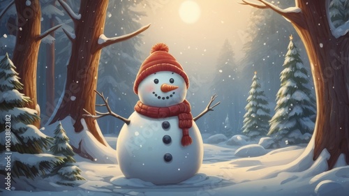 Obraz na płótnie Happy cartoon snowman standing in a winter Christmas landscape. Merry Christmas and Happy New Year card with copy space. Snow background w salonie