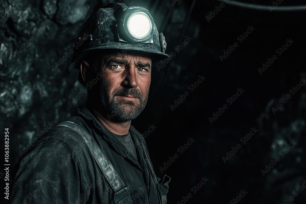 Rugged miner with helmet light in dark mine Rugged miner with helmet light in dark mine