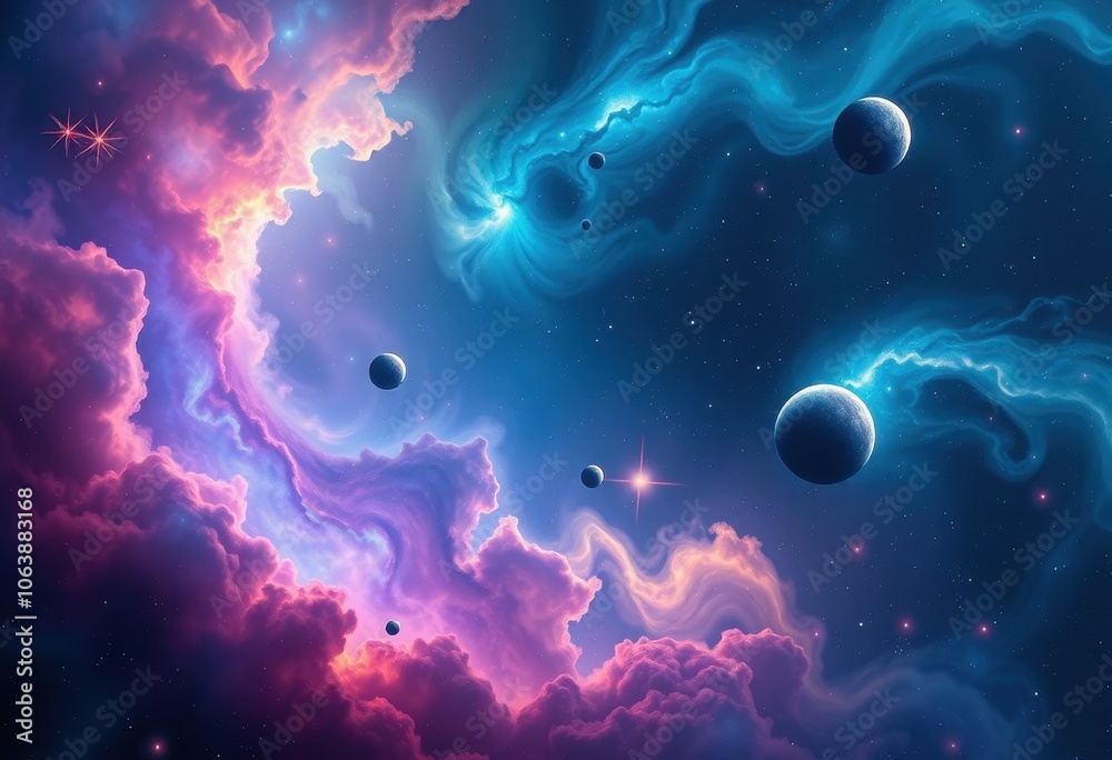 Fototapeta premium Celestial Landscape with Swirling Nebulae and Planets