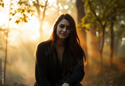 A Young Woman Smiles in a Sunlit Forest