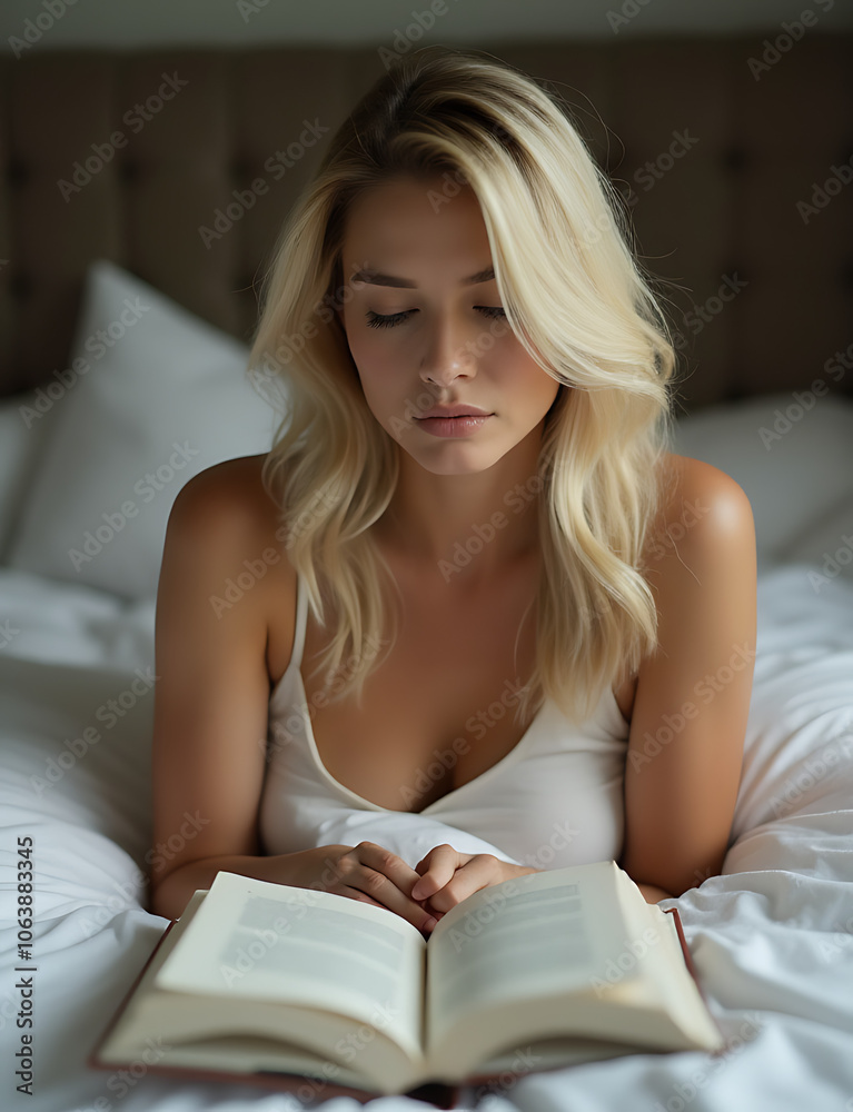 A blonde woman reclines on her bed engrossed in a book with an air of relaxation A blonde woman reclines on her bed engrossed in a book with an air of relaxation