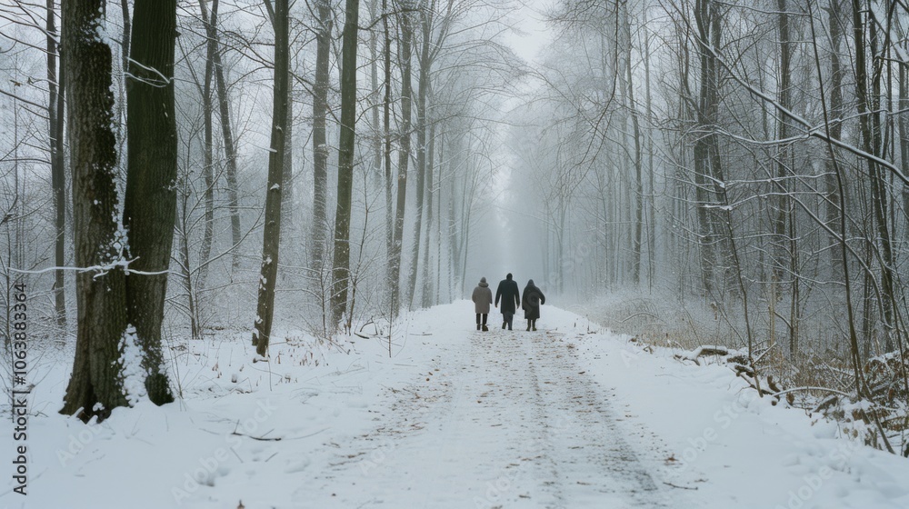 Three people walk down a snow-covered forest path, surrounded by tall, bare trees, capturing the quiet beauty of a winter stroll. Three people walk down a snow-covered forest path, surrounded by tall, bare trees, capturing the quiet beauty of a winter stroll.