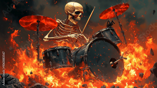 A skeleton rockin out on drums surrounded by flames in a fiery atmosphere photo