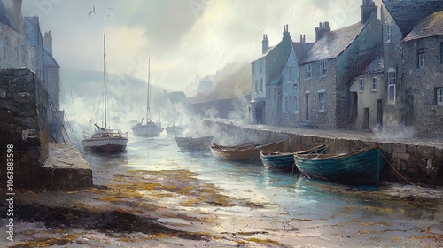 A serene coastal scene depicts a tranquil harbor shrouded in morning mist. The still water reflects the soft pastel colors of the sky, while a few boats gently bob in the water near the shore. The boa photo