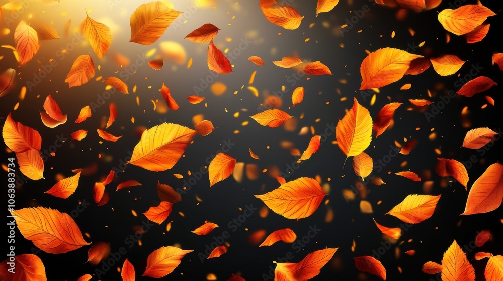 A beautiful display of orange autumn leaves dancing in the air against a bright white backdrop. A beautiful display of orange autumn leaves dancing in the air against a bright white backdrop.