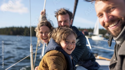 A joyful family shares a sunny moment on a sailboat, laughing as they journey across a sparkling sea, capturing a day of adventure and togetherness. photo