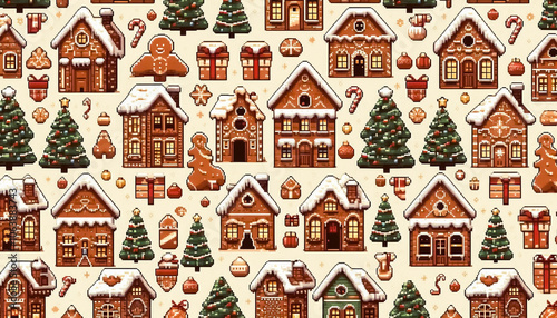 pixel art illustration of christmas gingerbread house pattern