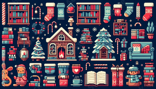 pixel art illustration of christmas house pattern